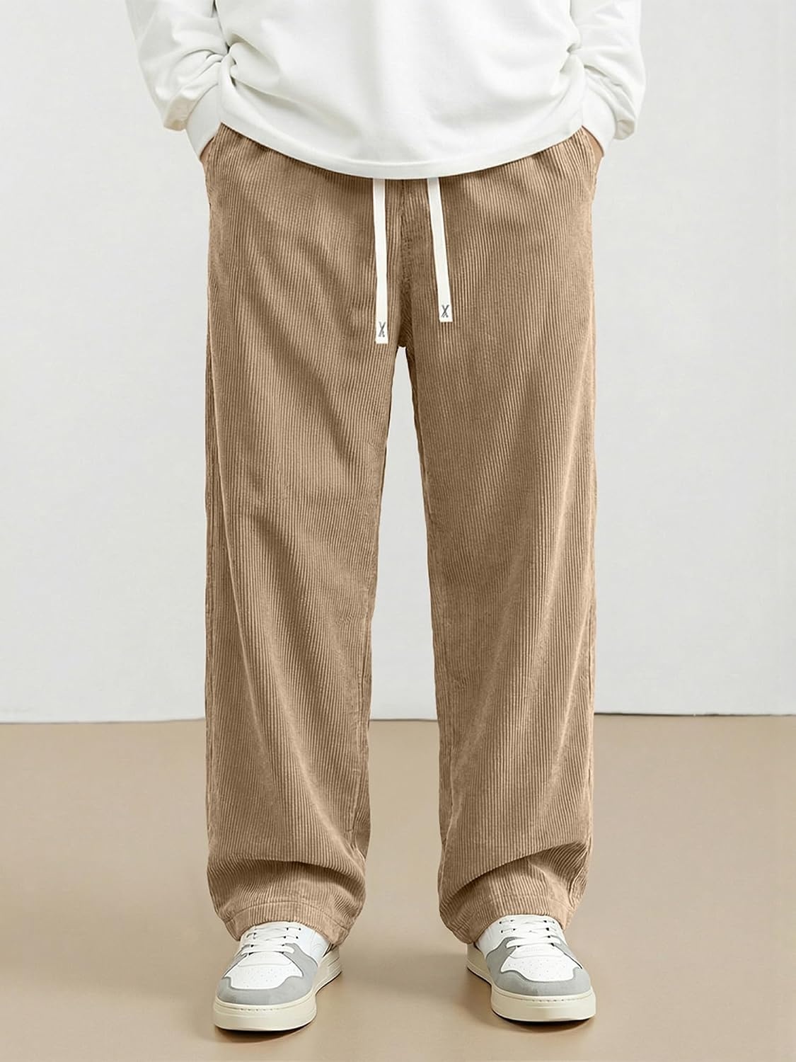image:imageJMIERR Mens Corduroy Pants Wide Leg Baggy Sweatpants  Loose Fit Joggers Elastic Waist Drawstring Casual Sweatpants Vintage Pants Fall Winter Fashion StreetwearLight Brown
