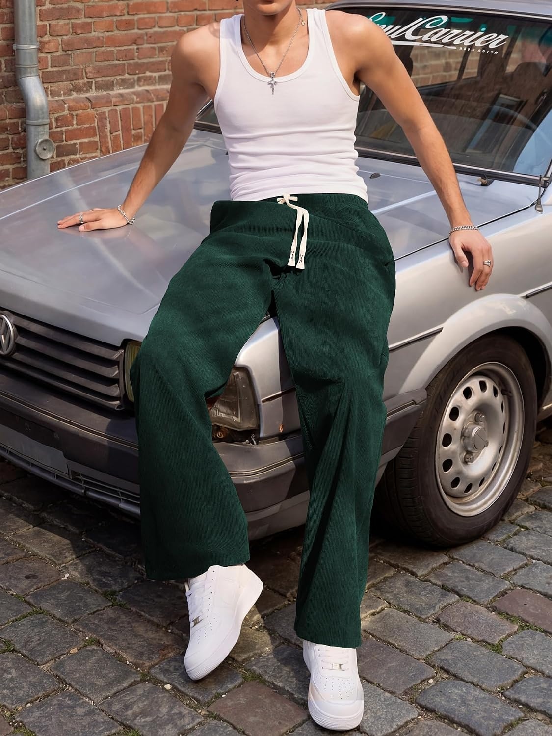 image:imageJMIERR Mens Corduroy Pants Wide Leg Baggy Sweatpants  Loose Fit Joggers Elastic Waist Drawstring Casual Sweatpants Vintage Pants Fall Winter Fashion StreetwearDark Green