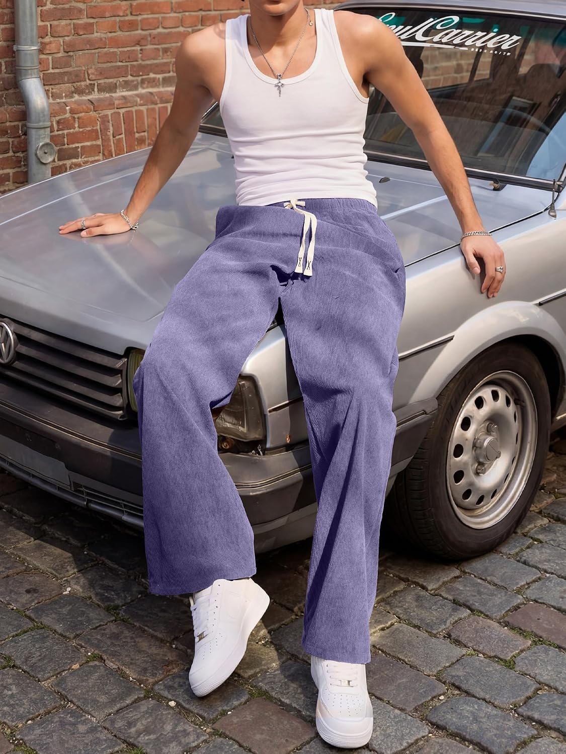 image:imageJMIERR Mens Corduroy Pants Wide Leg Baggy Sweatpants  Loose Fit Joggers Elastic Waist Drawstring Casual Sweatpants Vintage Pants Fall Winter Fashion StreetwearPurple