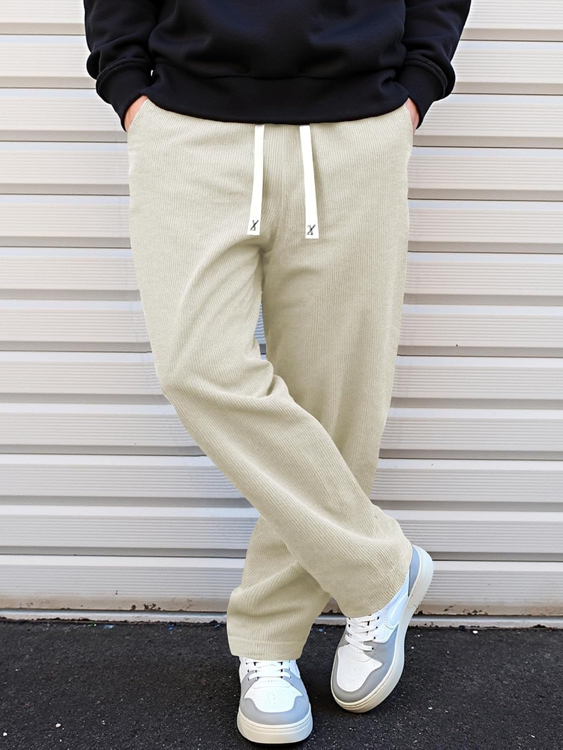 image:imageJMIERR Mens Corduroy Pants Wide Leg Baggy Sweatpants  Loose Fit Joggers Elastic Waist Drawstring Casual Sweatpants Vintage Pants Fall Winter Fashion StreetwearBeige