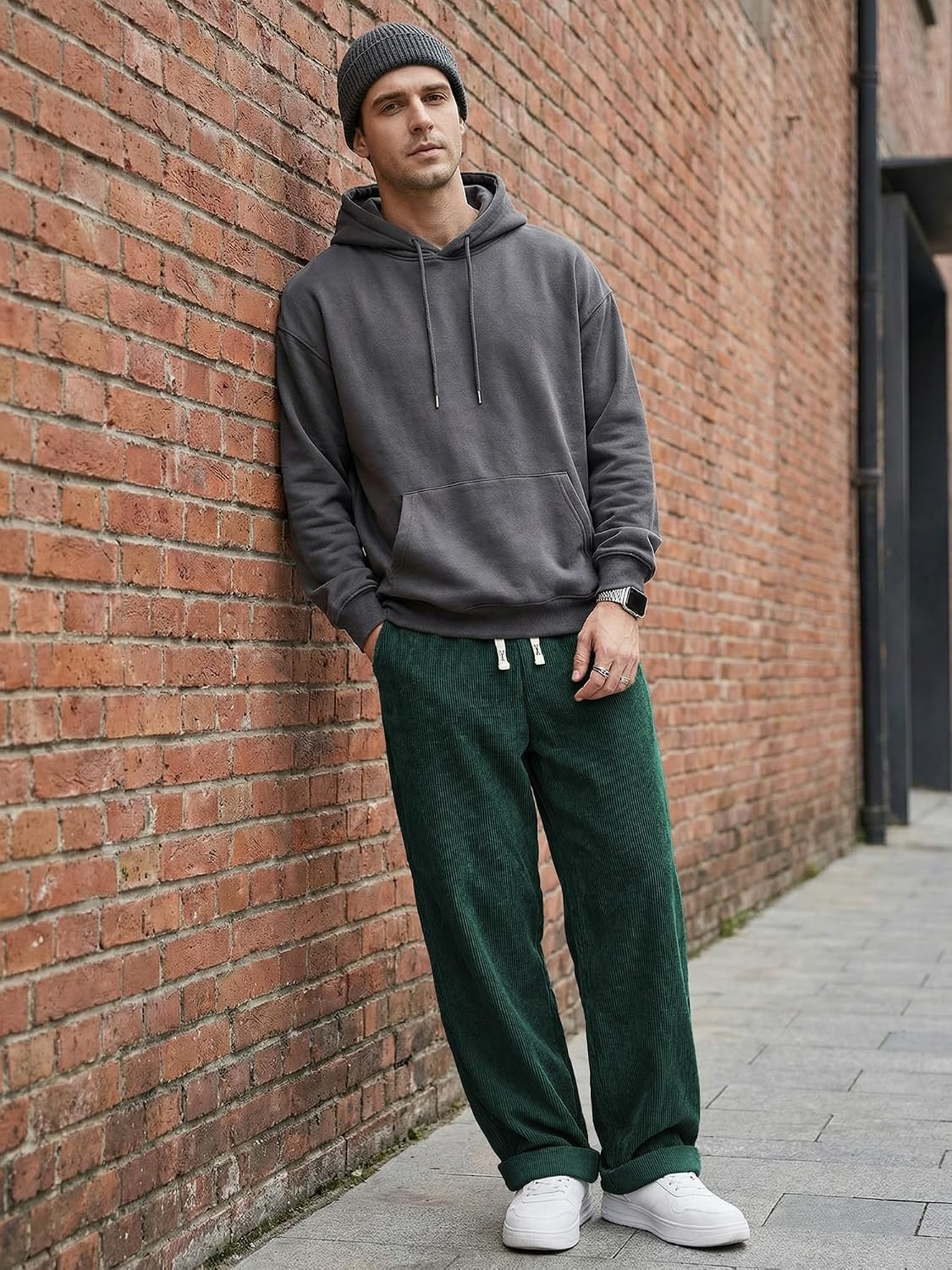 image:imageJMIERR Mens Corduroy Pants Wide Leg Baggy Sweatpants  Loose Fit Joggers Elastic Waist Drawstring Casual Sweatpants Vintage Pants Fall Winter Fashion StreetwearDark Green