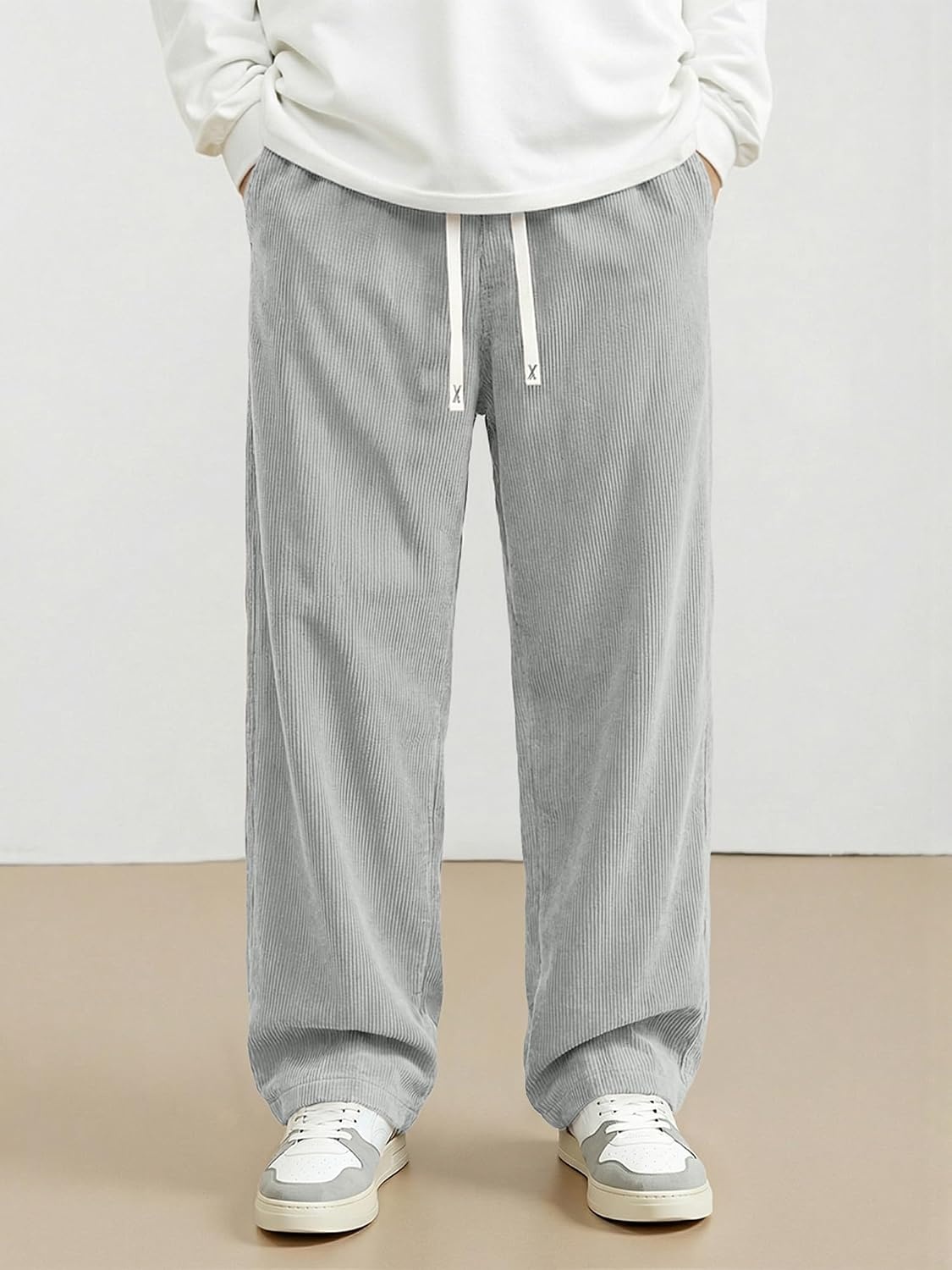 image:imageJMIERR Mens Corduroy Pants Wide Leg Baggy Sweatpants  Loose Fit Joggers Elastic Waist Drawstring Casual Sweatpants Vintage Pants Fall Winter Fashion StreetwearLight Grey