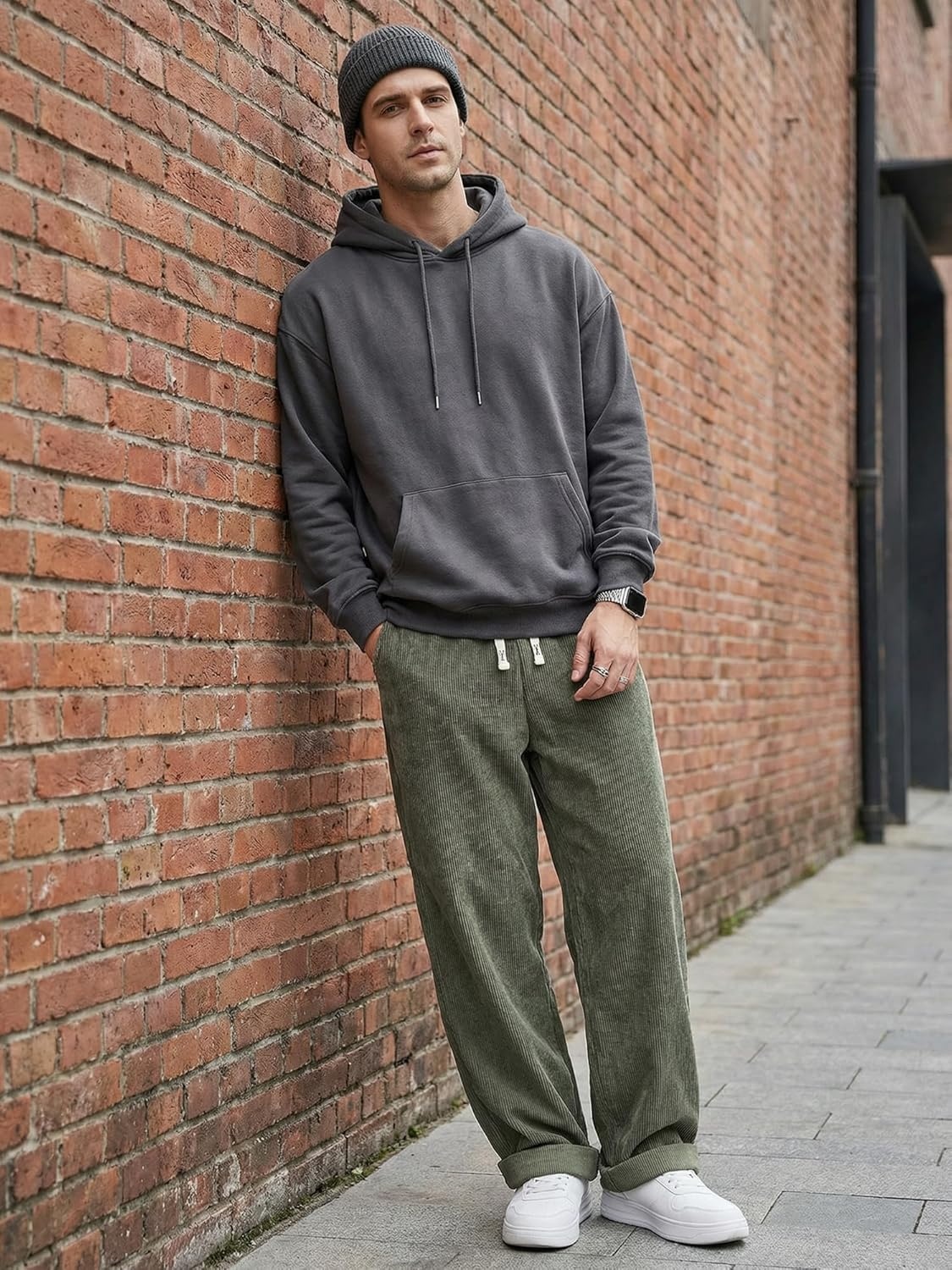 image:imageJMIERR Mens Corduroy Pants Wide Leg Baggy Sweatpants  Loose Fit Joggers Elastic Waist Drawstring Casual Sweatpants Vintage Pants Fall Winter Fashion StreetwearGreen