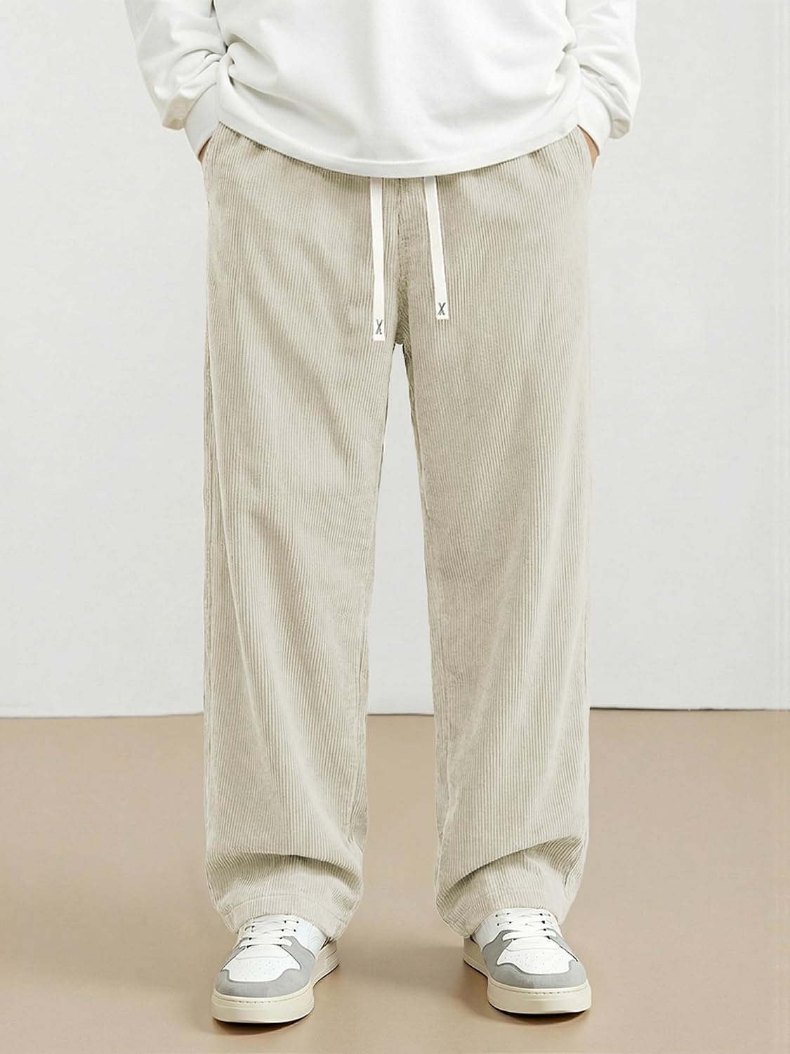 image:imageJMIERR Mens Corduroy Pants Wide Leg Baggy Sweatpants  Loose Fit Joggers Elastic Waist Drawstring Casual Sweatpants Vintage Pants Fall Winter Fashion StreetwearBeige
