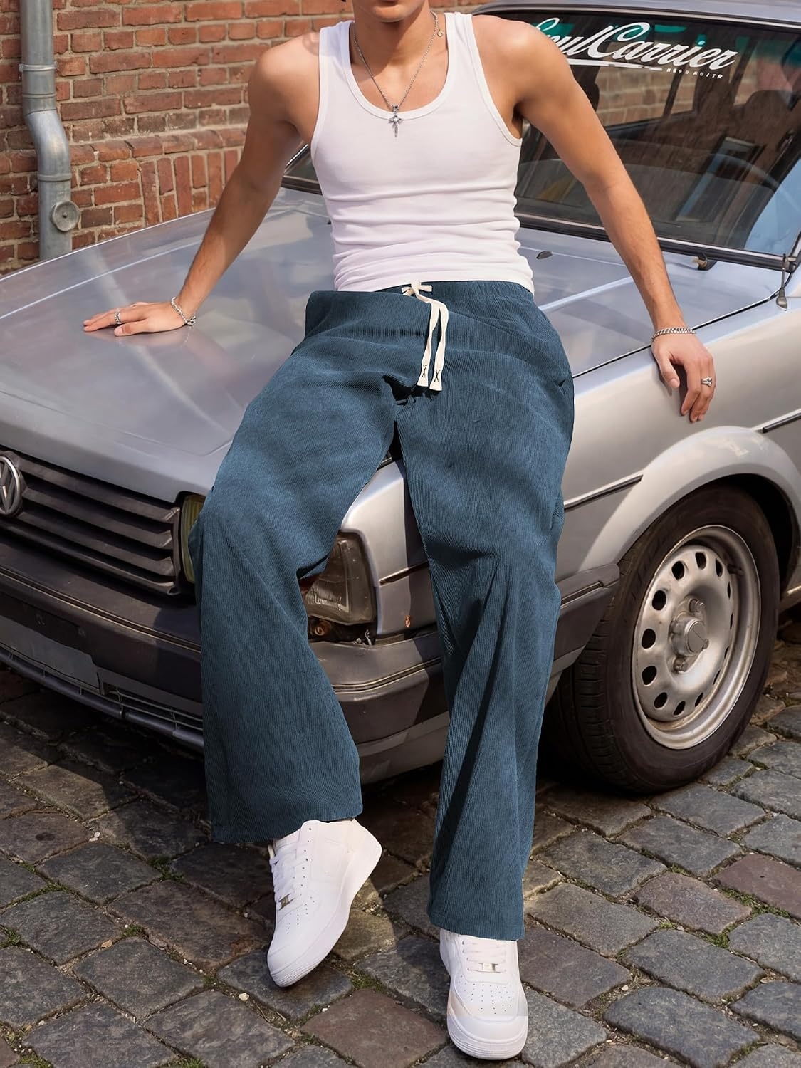 image:imageJMIERR Mens Corduroy Pants Wide Leg Baggy Sweatpants  Loose Fit Joggers Elastic Waist Drawstring Casual Sweatpants Vintage Pants Fall Winter Fashion StreetwearAshleigh Blue