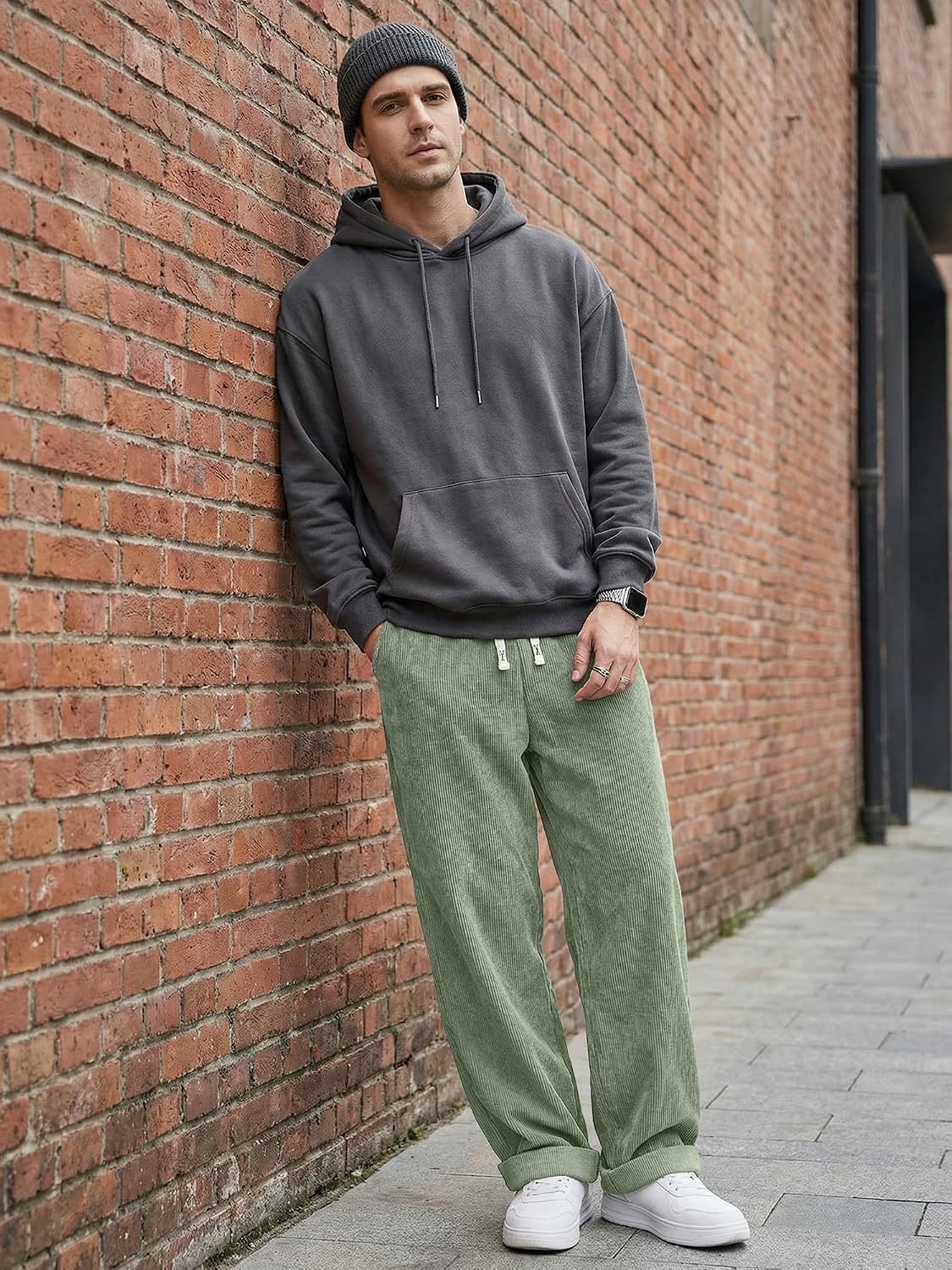 image:imageJMIERR Mens Corduroy Pants Wide Leg Baggy Sweatpants  Loose Fit Joggers Elastic Waist Drawstring Casual Sweatpants Vintage Pants Fall Winter Fashion StreetwearLight Green