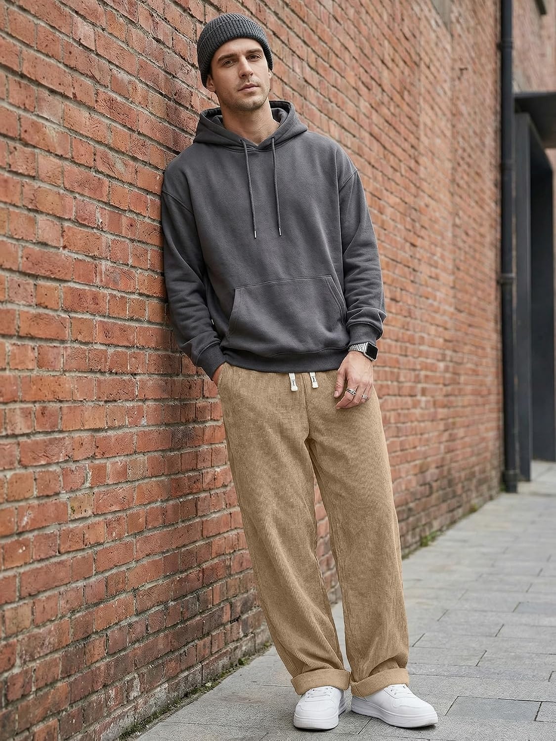 image:imageJMIERR Mens Corduroy Pants Wide Leg Baggy Sweatpants  Loose Fit Joggers Elastic Waist Drawstring Casual Sweatpants Vintage Pants Fall Winter Fashion StreetwearLight Brown