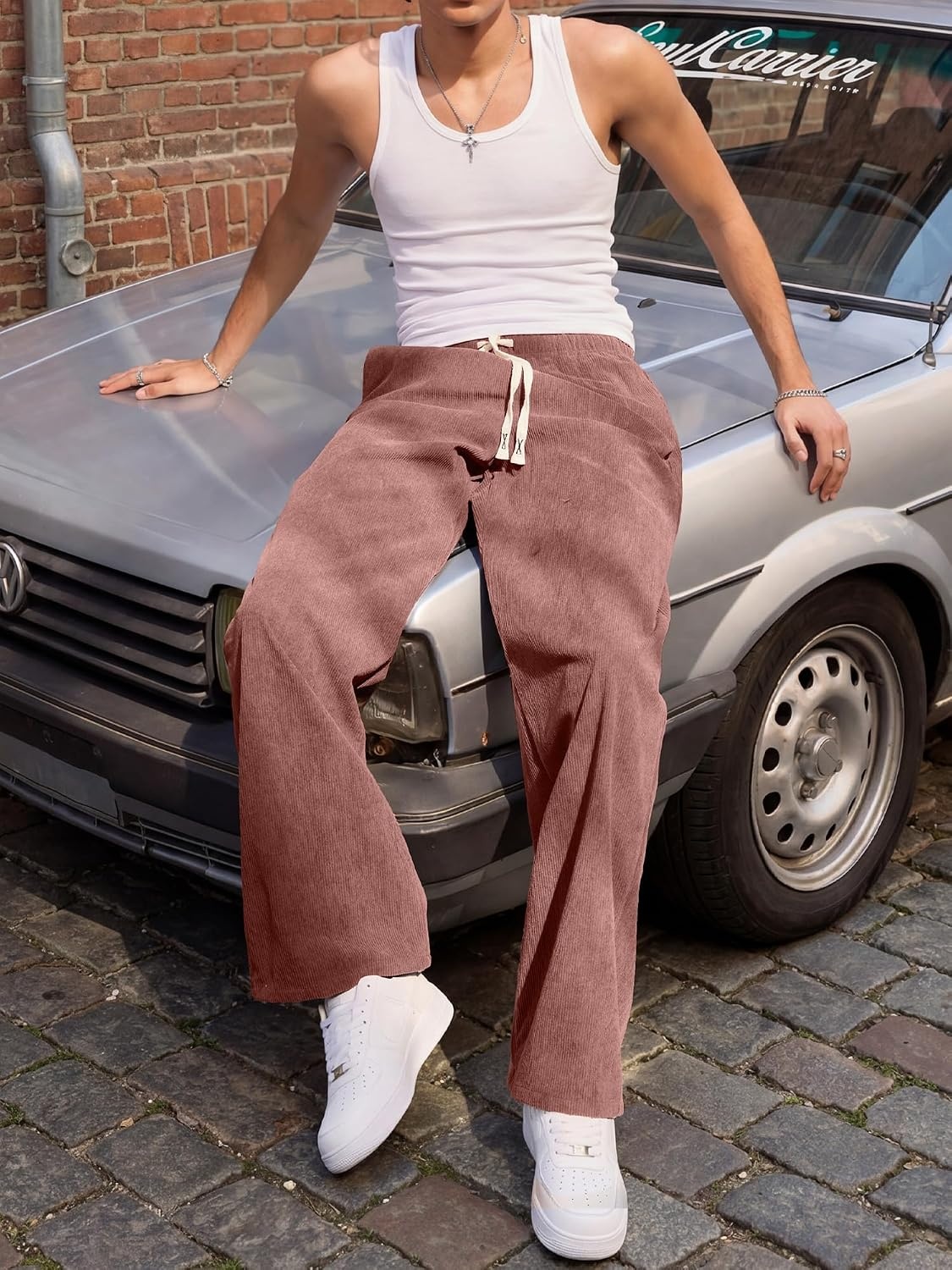 image:imageJMIERR Mens Corduroy Pants Wide Leg Baggy Sweatpants  Loose Fit Joggers Elastic Waist Drawstring Casual Sweatpants Vintage Pants Fall Winter Fashion StreetwearPink