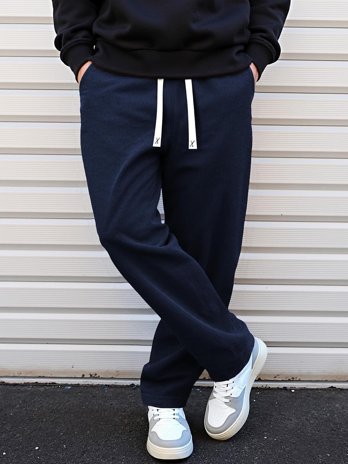 image:imageJMIERR Mens Corduroy Pants Wide Leg Baggy Sweatpants  Loose Fit Joggers Elastic Waist Drawstring Casual Sweatpants Vintage Pants Fall Winter Fashion StreetwearNavy Blue