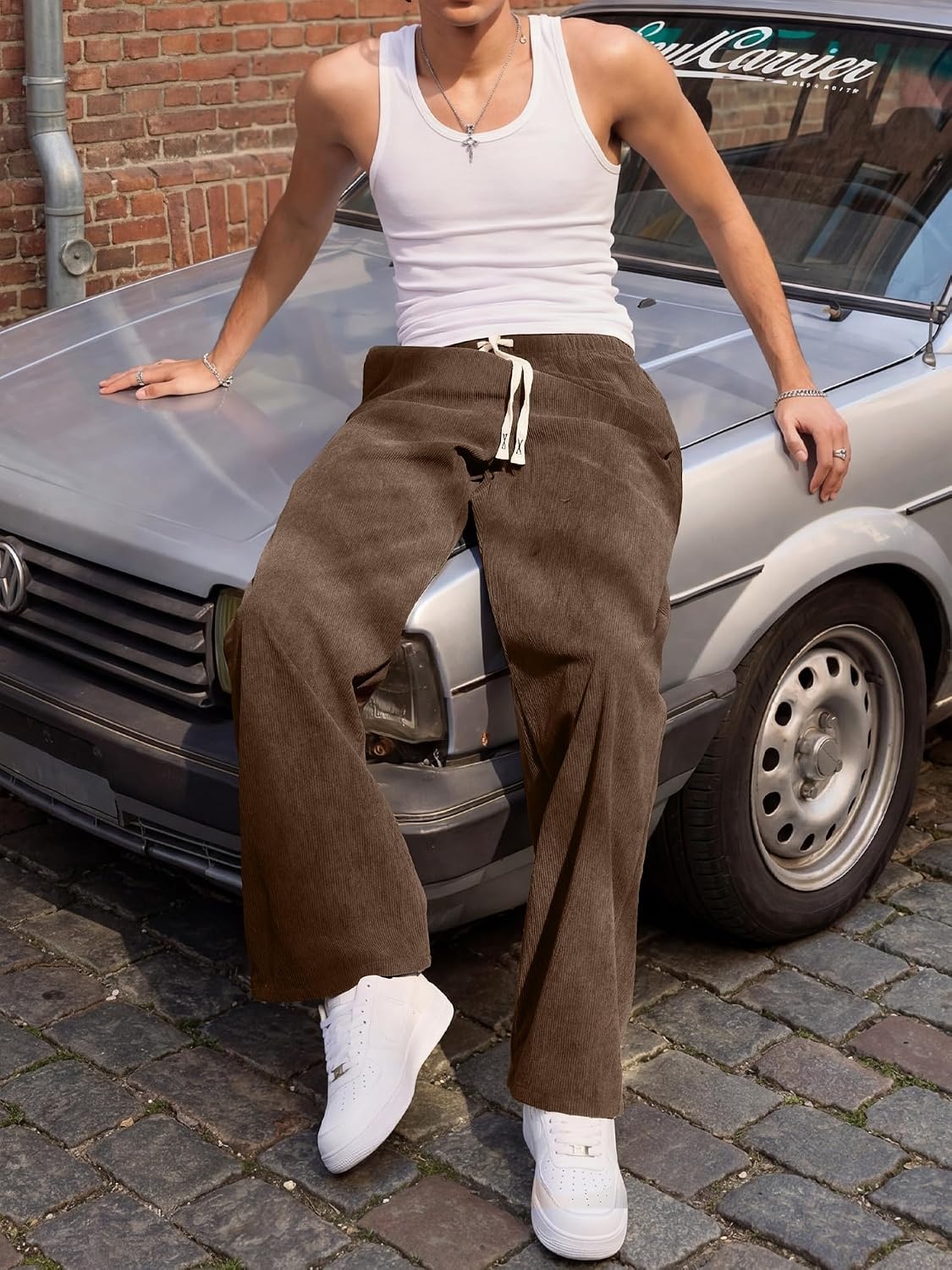 image:imageJMIERR Mens Corduroy Pants Wide Leg Baggy Sweatpants  Loose Fit Joggers Elastic Waist Drawstring Casual Sweatpants Vintage Pants Fall Winter Fashion StreetwearBrown