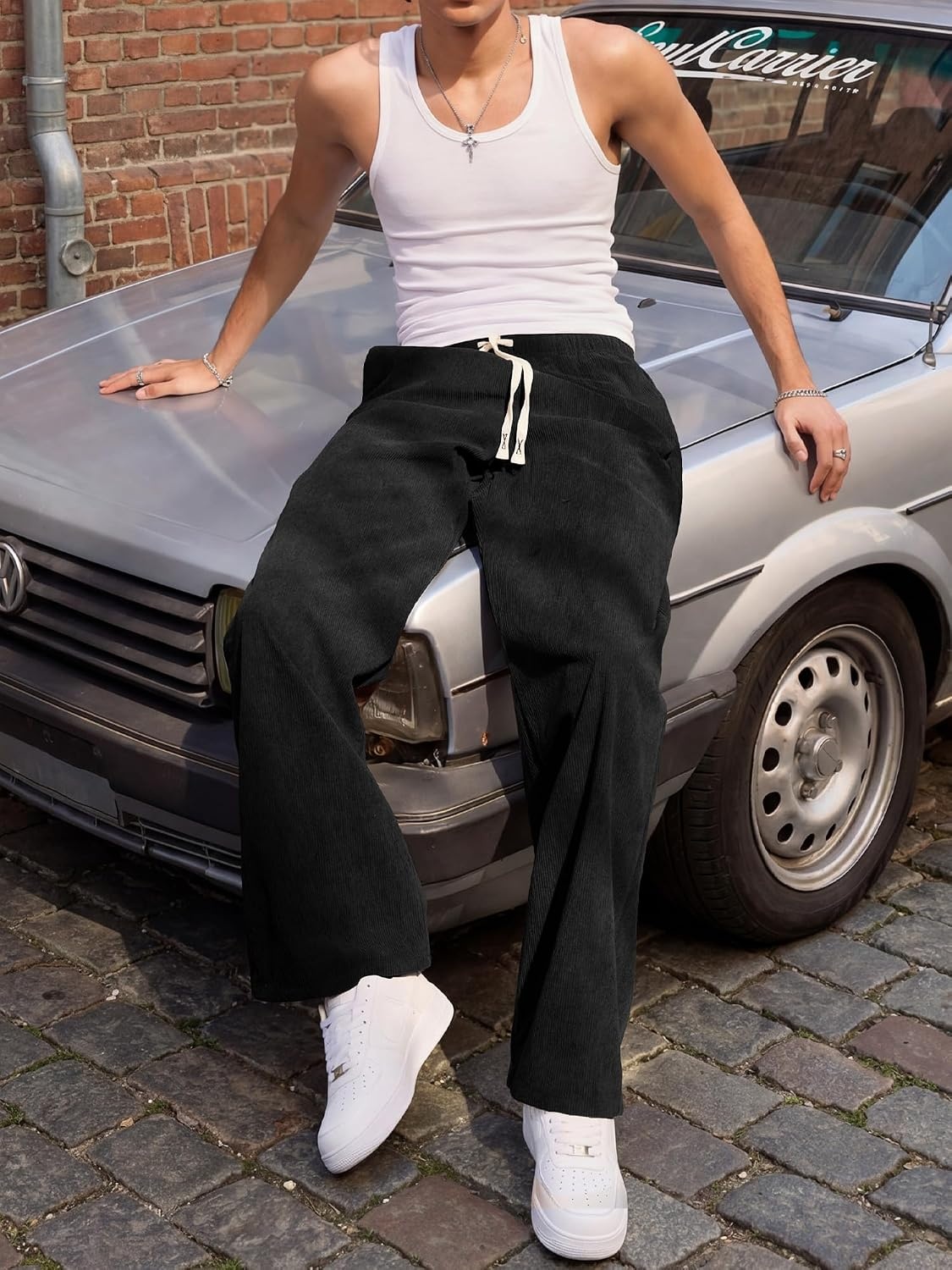 image:imageJMIERR Mens Corduroy Pants Wide Leg Baggy Sweatpants  Loose Fit Joggers Elastic Waist Drawstring Casual Sweatpants Vintage Pants Fall Winter Fashion StreetwearBlack
