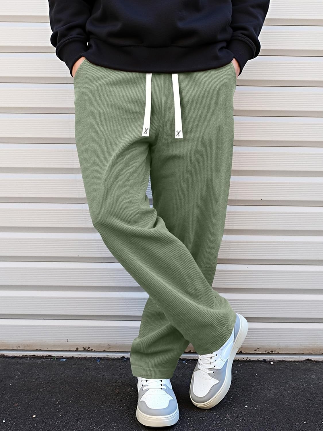 image:imageJMIERR Mens Corduroy Pants Wide Leg Baggy Sweatpants  Loose Fit Joggers Elastic Waist Drawstring Casual Sweatpants Vintage Pants Fall Winter Fashion StreetwearLight Green