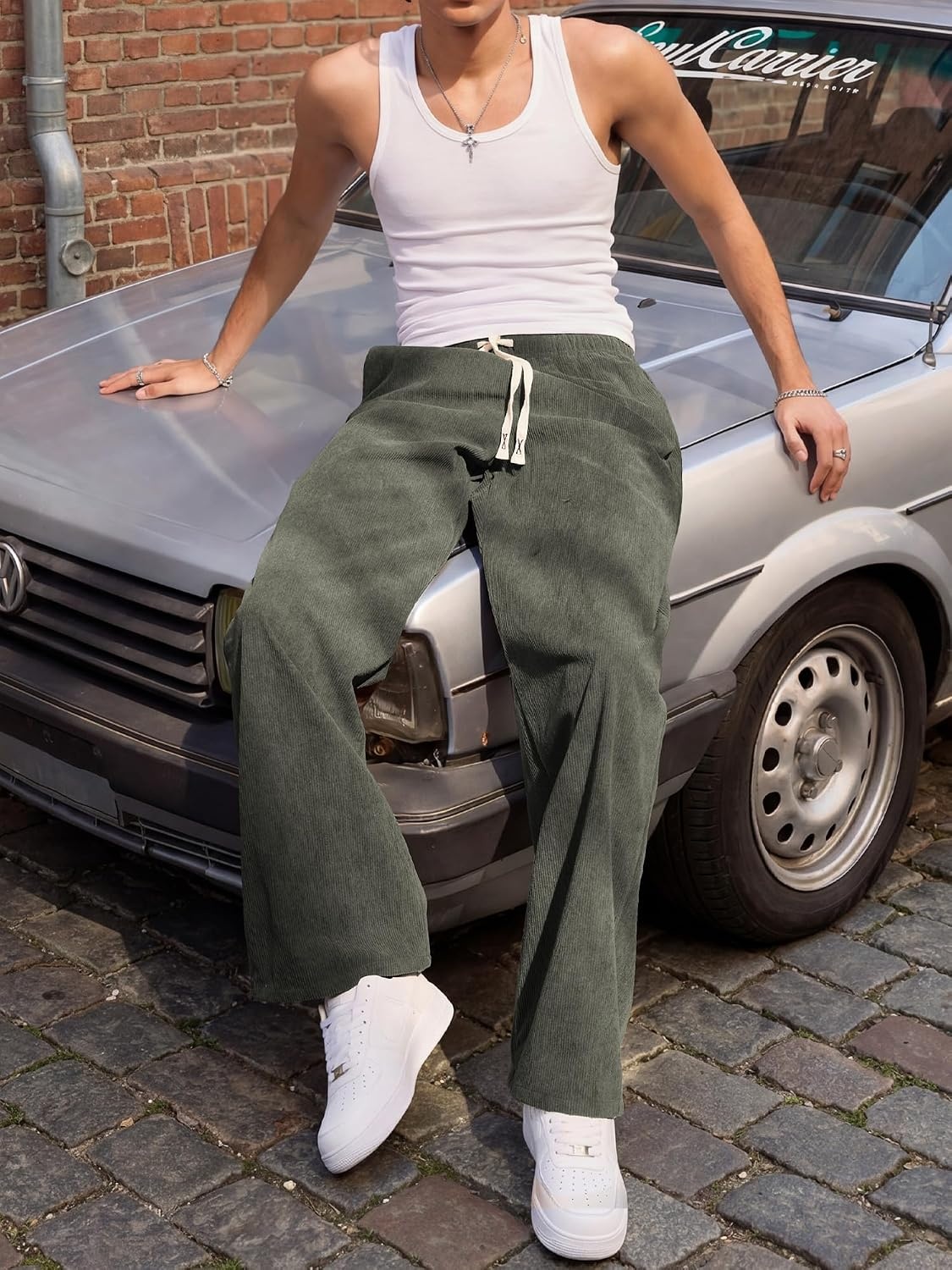 image:imageJMIERR Mens Corduroy Pants Wide Leg Baggy Sweatpants  Loose Fit Joggers Elastic Waist Drawstring Casual Sweatpants Vintage Pants Fall Winter Fashion StreetwearGreen