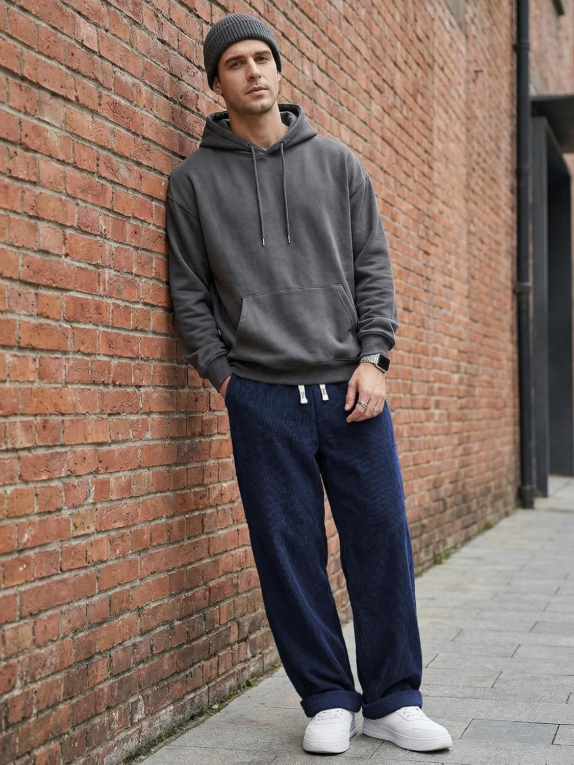 image:imageJMIERR Mens Corduroy Pants Wide Leg Baggy Sweatpants  Loose Fit Joggers Elastic Waist Drawstring Casual Sweatpants Vintage Pants Fall Winter Fashion StreetwearNavy Blue