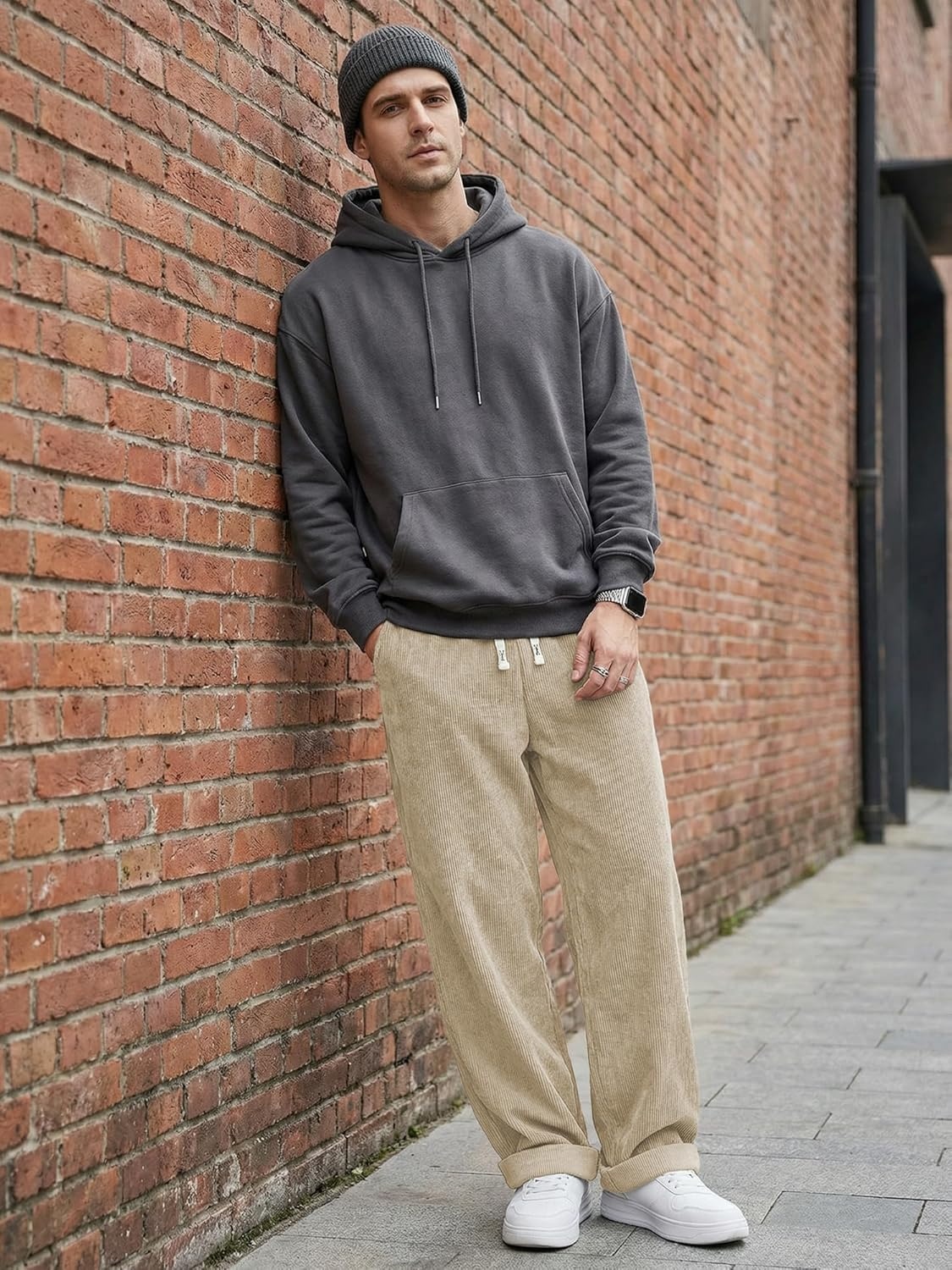 image:imageJMIERR Mens Corduroy Pants Wide Leg Baggy Sweatpants  Loose Fit Joggers Elastic Waist Drawstring Casual Sweatpants Vintage Pants Fall Winter Fashion StreetwearKhaki