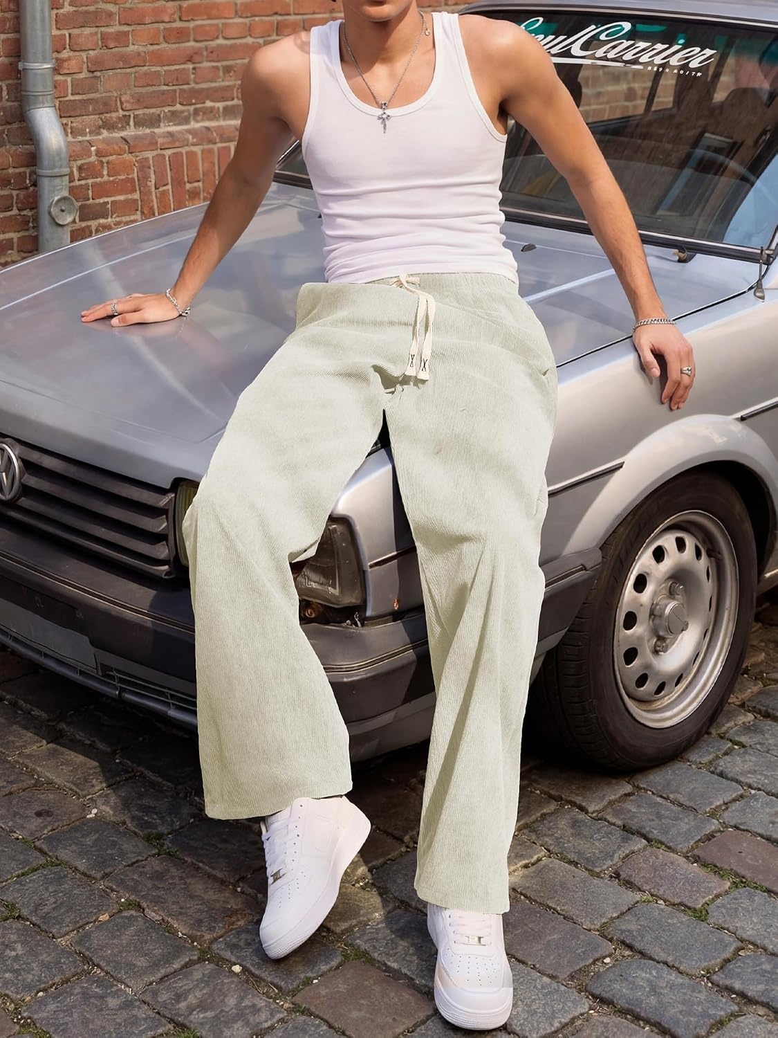 image:imageJMIERR Mens Corduroy Pants Wide Leg Baggy Sweatpants  Loose Fit Joggers Elastic Waist Drawstring Casual Sweatpants Vintage Pants Fall Winter Fashion StreetwearBeige