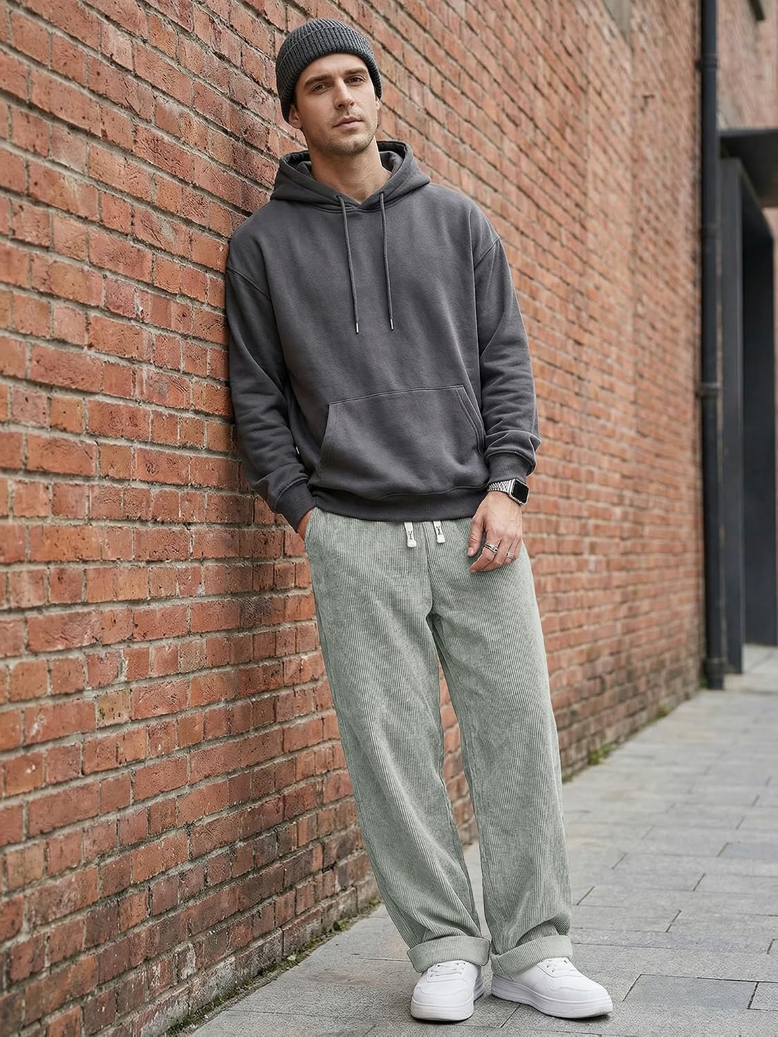 image:imageJMIERR Mens Corduroy Pants Wide Leg Baggy Sweatpants  Loose Fit Joggers Elastic Waist Drawstring Casual Sweatpants Vintage Pants Fall Winter Fashion StreetwearLight Grey