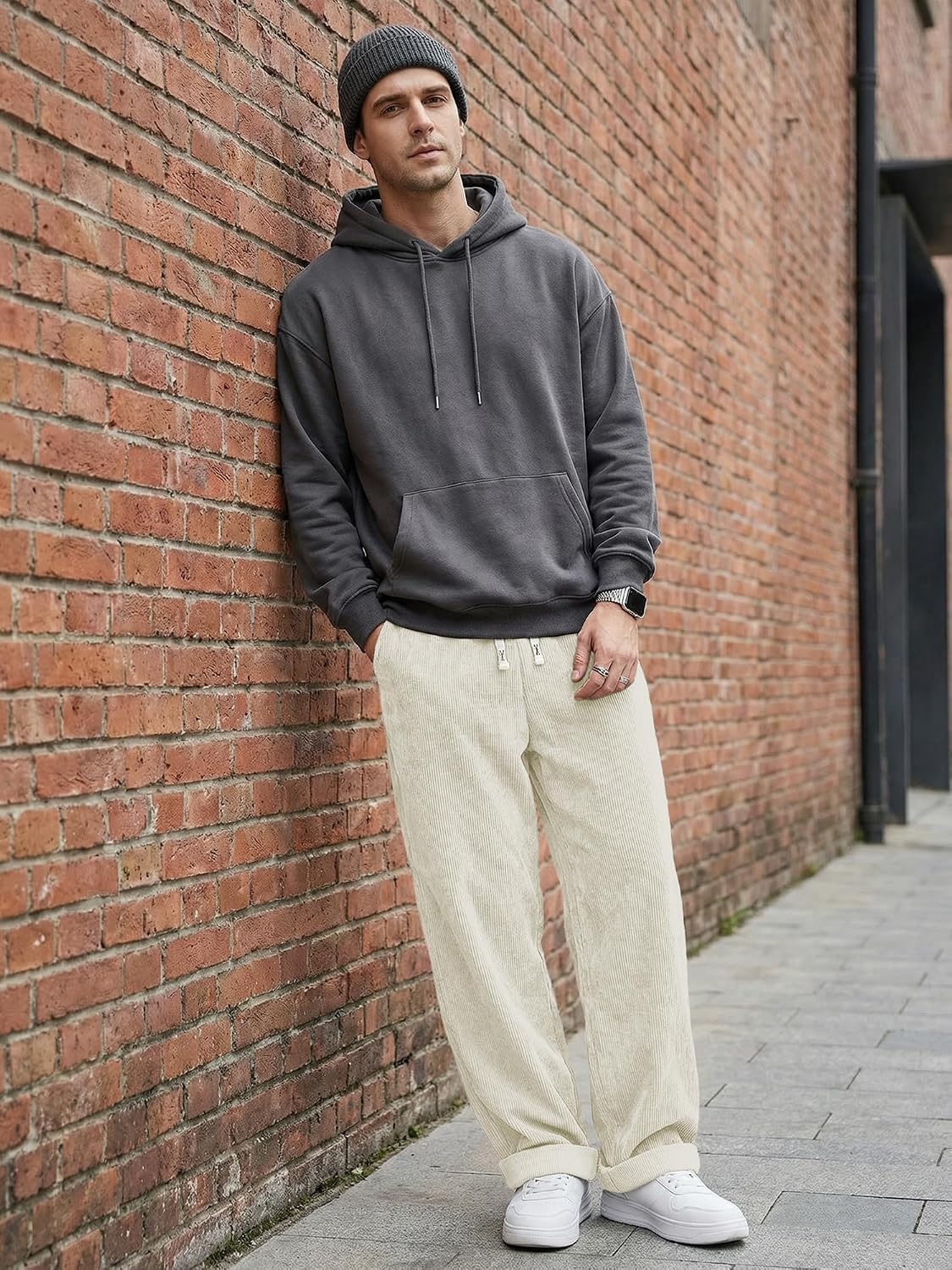 image:imageJMIERR Mens Corduroy Pants Wide Leg Baggy Sweatpants  Loose Fit Joggers Elastic Waist Drawstring Casual Sweatpants Vintage Pants Fall Winter Fashion StreetwearBeige