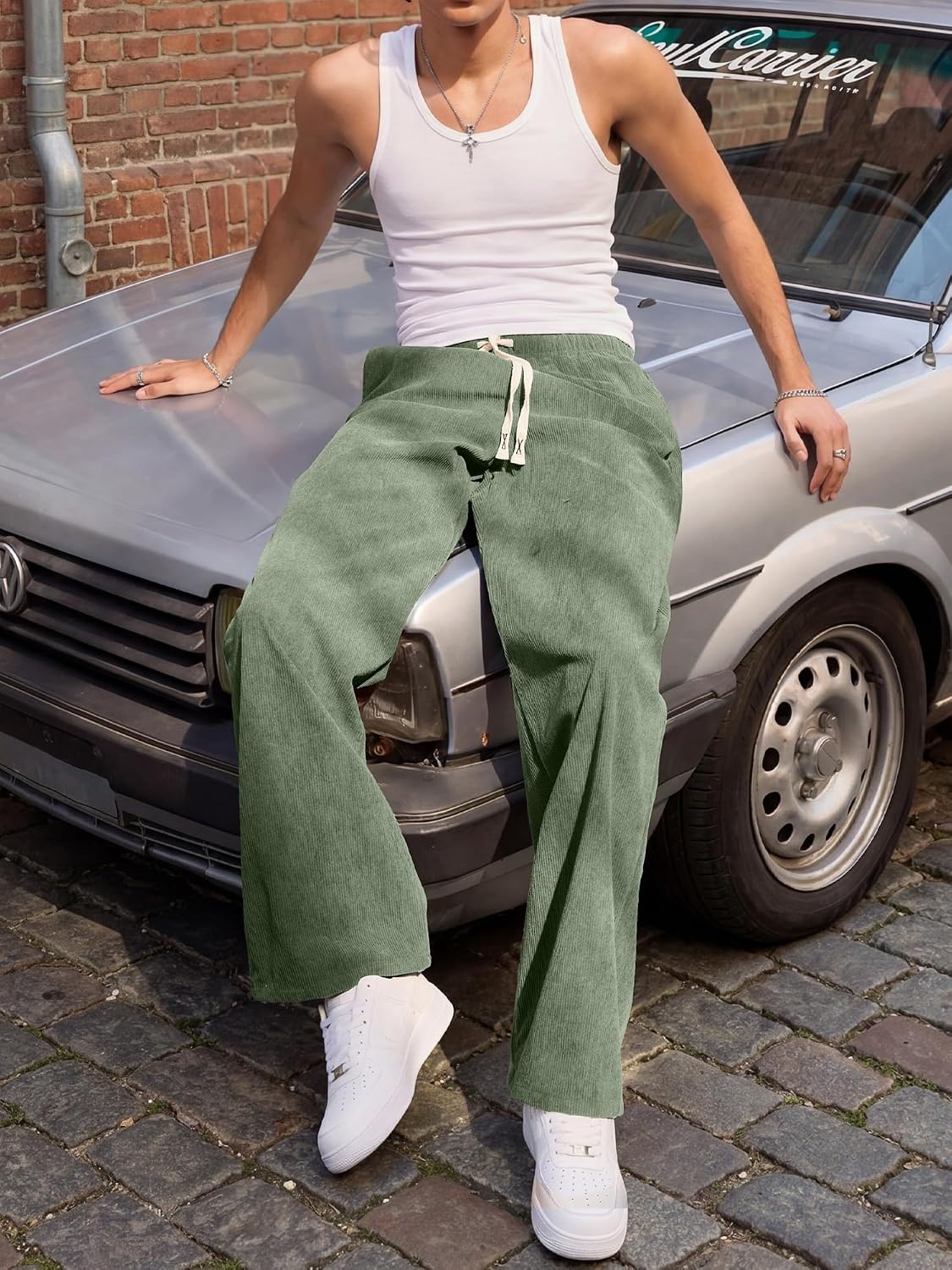 image:imageJMIERR Mens Corduroy Pants Wide Leg Baggy Sweatpants  Loose Fit Joggers Elastic Waist Drawstring Casual Sweatpants Vintage Pants Fall Winter Fashion StreetwearLight Green