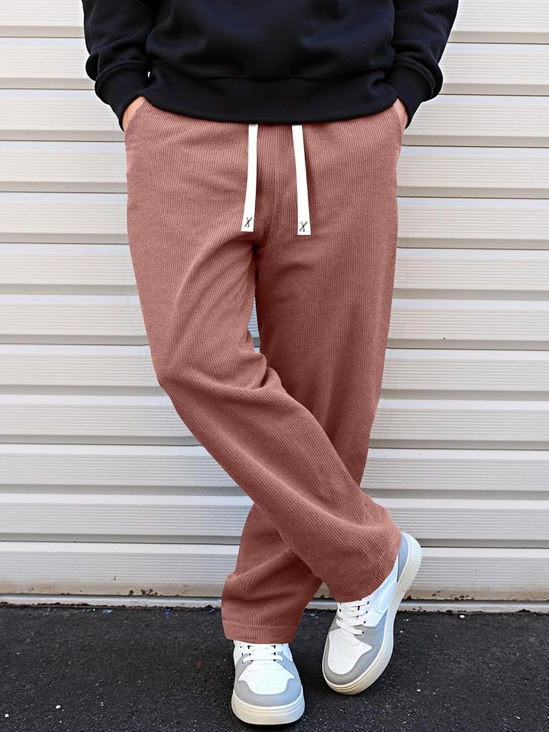 image:imageJMIERR Mens Corduroy Pants Wide Leg Baggy Sweatpants  Loose Fit Joggers Elastic Waist Drawstring Casual Sweatpants Vintage Pants Fall Winter Fashion StreetwearPink