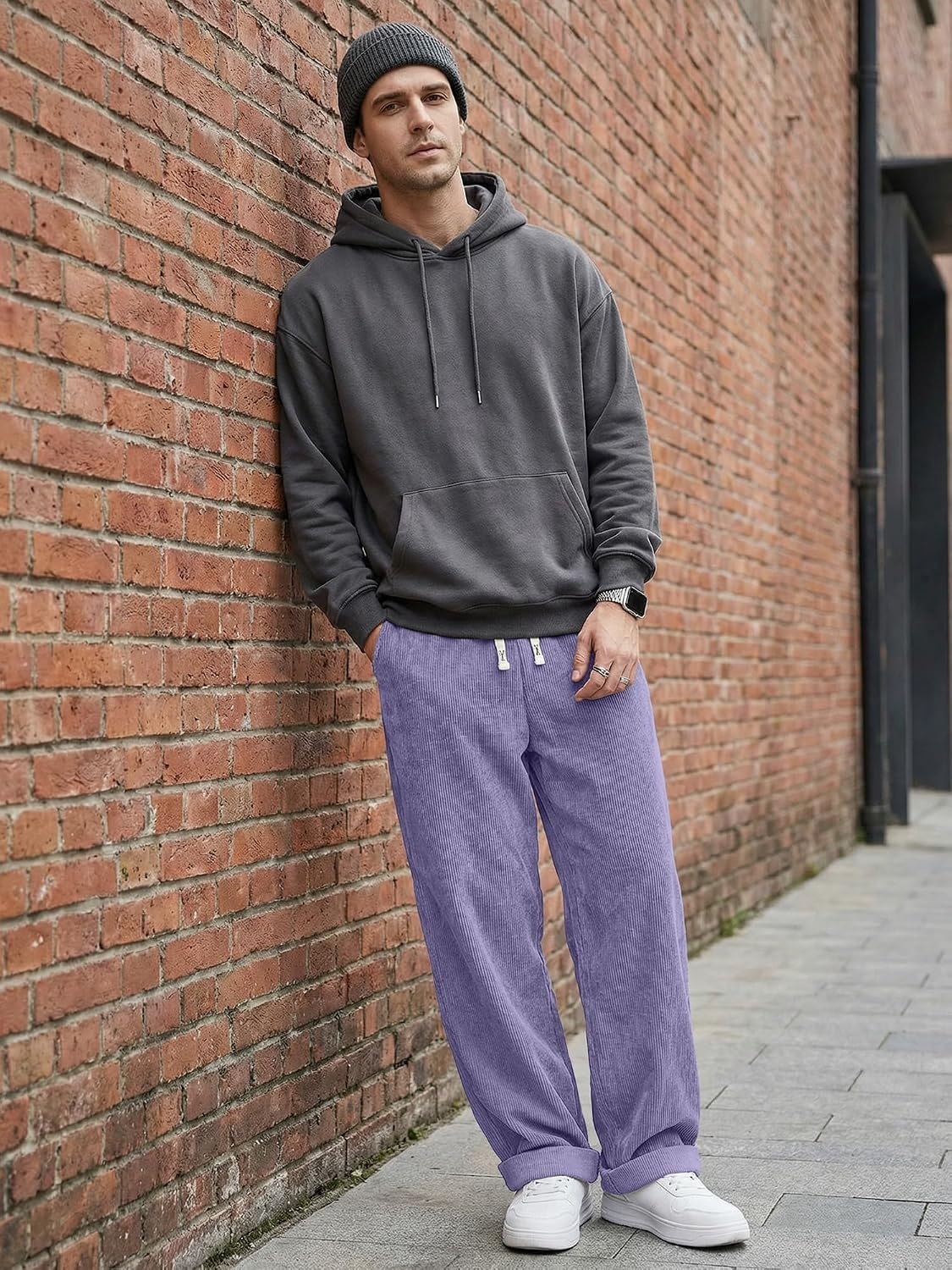 image:imageJMIERR Mens Corduroy Pants Wide Leg Baggy Sweatpants  Loose Fit Joggers Elastic Waist Drawstring Casual Sweatpants Vintage Pants Fall Winter Fashion StreetwearPurple