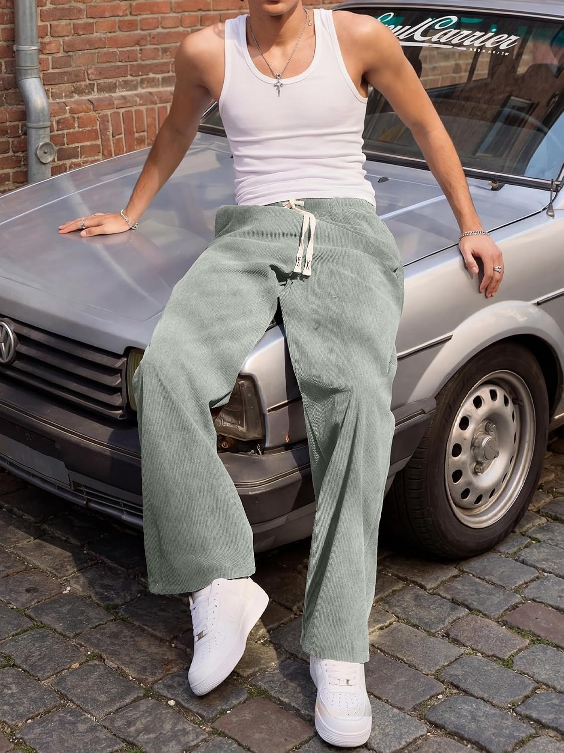 image:imageJMIERR Mens Corduroy Pants Wide Leg Baggy Sweatpants  Loose Fit Joggers Elastic Waist Drawstring Casual Sweatpants Vintage Pants Fall Winter Fashion StreetwearLight Grey