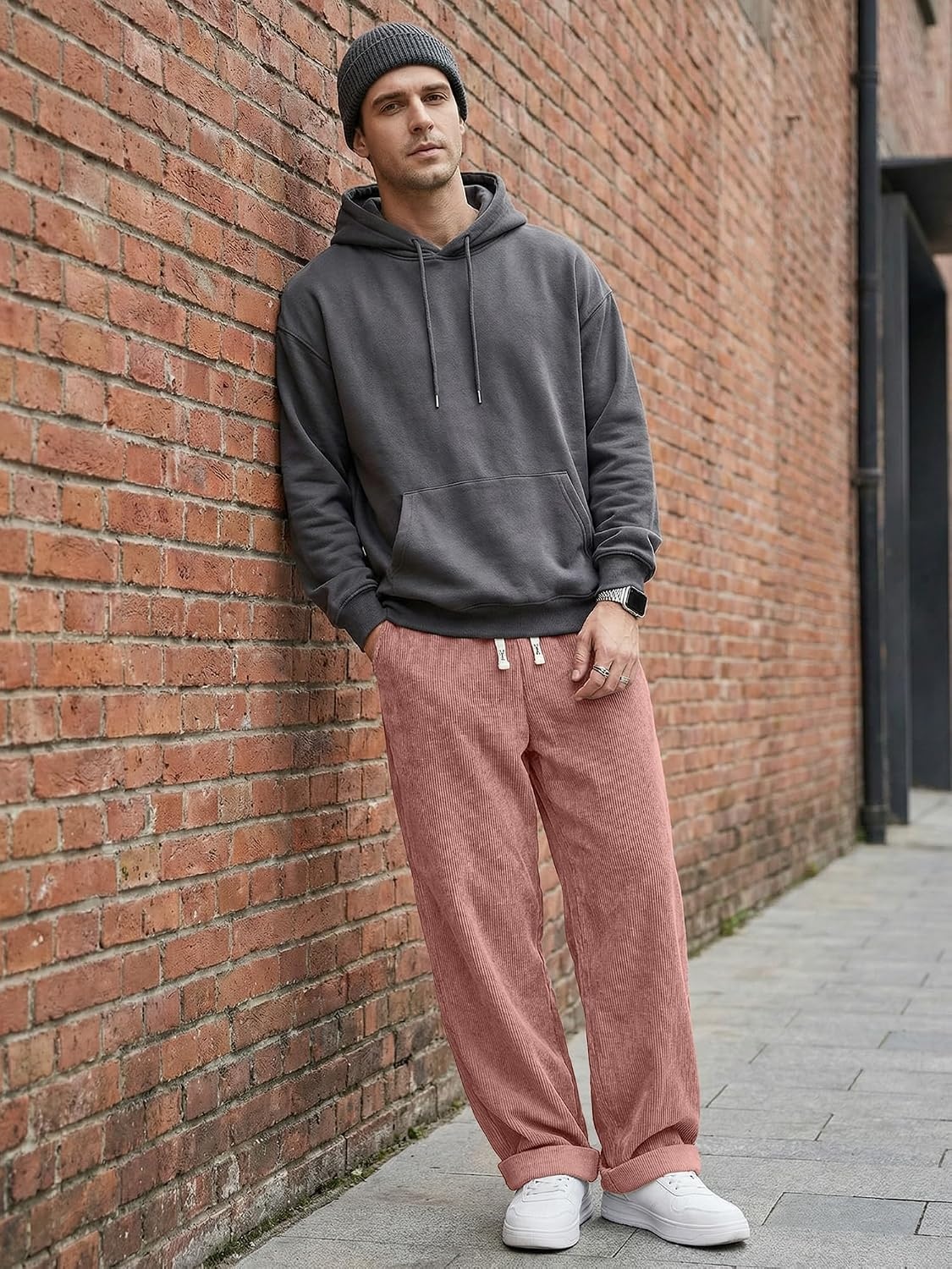 image:imageJMIERR Mens Corduroy Pants Wide Leg Baggy Sweatpants  Loose Fit Joggers Elastic Waist Drawstring Casual Sweatpants Vintage Pants Fall Winter Fashion StreetwearPink