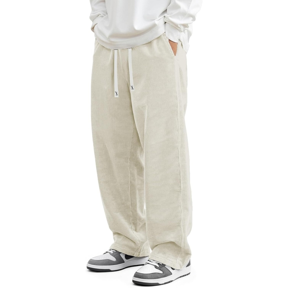 image:imageJMIERR Mens Corduroy Pants Wide Leg Baggy Sweatpants  Loose Fit Joggers Elastic Waist Drawstring Casual Sweatpants Vintage Pants Fall Winter Fashion StreetwearBeige