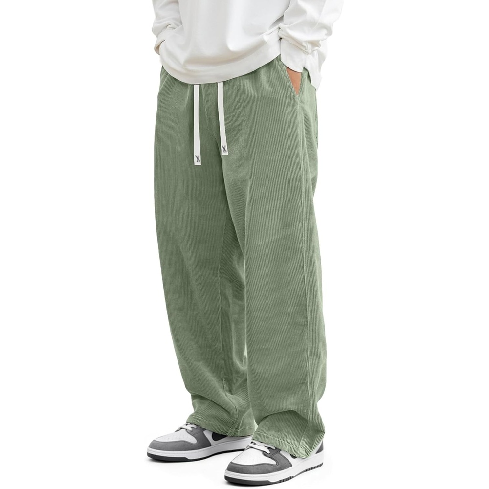 image:imageJMIERR Mens Corduroy Pants Wide Leg Baggy Sweatpants  Loose Fit Joggers Elastic Waist Drawstring Casual Sweatpants Vintage Pants Fall Winter Fashion StreetwearLight Green