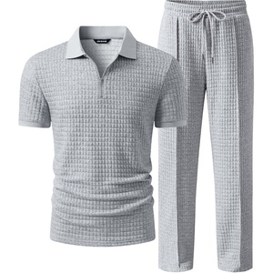 image:imageJMIERR Mens Summer Outfits 2 Piece Sets Waffle Vacation Outfits  Waffle Textured 14 Zip Polo Shirts Drawstring Pant Comfortable Cruise amp Beach Outfit LoungewearGrey