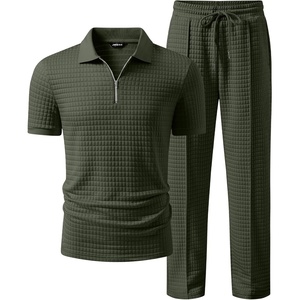 image:imageJMIERR Mens Summer Outfits 2 Piece Sets Waffle Vacation Outfits  Waffle Textured 14 Zip Polo Shirts Drawstring Pant Comfortable Cruise amp Beach Outfit LoungewearGreen