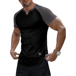 image:imageJMIERR Mens Muscle Fit V Neck T Shirt Short Sleeve Workout Tee  Slim Fit Textured Ribbed Fabric Longline Curved Hem Stretch Comfort Casual Summer Fitted Tops for Athletic GymC Black  Grey