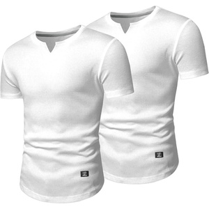 image:imageJMIERR Mens Muscle Fit V Neck T Shirt Short Sleeve Workout Tee  Slim Fit Textured Ribbed Fabric Longline Curved Hem Stretch Comfort Casual Summer Fitted Tops for Athletic GymPackwhiteWhite