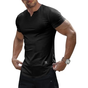 image:imageJMIERR Mens Muscle Fit V Neck T Shirt Short Sleeve Workout Tee  Slim Fit Textured Ribbed Fabric Longline Curved Hem Stretch Comfort Casual Summer Fitted Tops for Athletic Gym01 Black