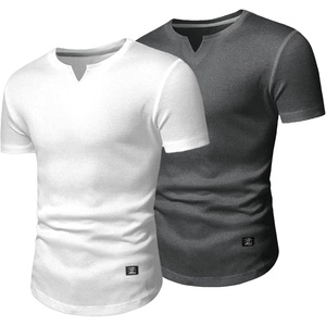 image:imageJMIERR Mens Muscle Fit V Neck T Shirt Short Sleeve Workout Tee  Slim Fit Textured Ribbed Fabric Longline Curved Hem Stretch Comfort Casual Summer Fitted Tops for Athletic GymPackwhiteGrey