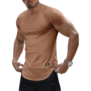 image:imageJMIERR Mens Muscle Fit V Neck T Shirt Short Sleeve Workout Tee  Slim Fit Textured Ribbed Fabric Longline Curved Hem Stretch Comfort Casual Summer Fitted Tops for Athletic GymA Brown