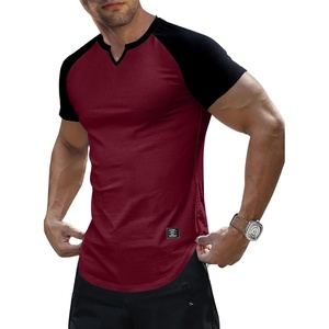 image:imageJMIERR Mens Muscle Fit V Neck T Shirt Short Sleeve Workout Tee  Slim Fit Textured Ribbed Fabric Longline Curved Hem Stretch Comfort Casual Summer Fitted Tops for Athletic GymC Red  Black