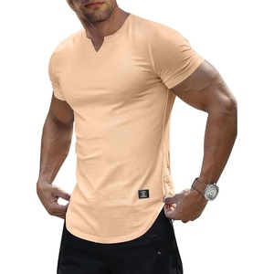 image:imageJMIERR Mens Muscle Fit V Neck T Shirt Short Sleeve Workout Tee  Slim Fit Textured Ribbed Fabric Longline Curved Hem Stretch Comfort Casual Summer Fitted Tops for Athletic GymA Khaki