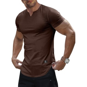 image:imageJMIERR Mens Muscle Fit V Neck T Shirt Short Sleeve Workout Tee  Slim Fit Textured Ribbed Fabric Longline Curved Hem Stretch Comfort Casual Summer Fitted Tops for Athletic GymB Dark Brown