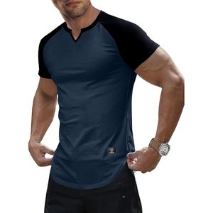 image:imageJMIERR Mens Muscle Fit V Neck T Shirt Short Sleeve Workout Tee  Slim Fit Textured Ribbed Fabric Longline Curved Hem Stretch Comfort Casual Summer Fitted Tops for Athletic GymC Blue  Black