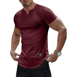 image:imageJMIERR Mens Muscle Fit V Neck T Shirt Short Sleeve Workout Tee  Slim Fit Textured Ribbed Fabric Longline Curved Hem Stretch Comfort Casual Summer Fitted Tops for Athletic GymA Red