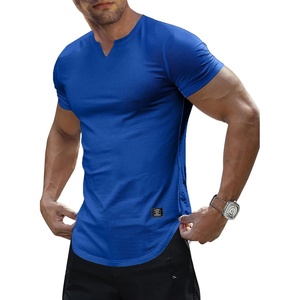 image:imageJMIERR Mens Muscle Fit V Neck T Shirt Short Sleeve Workout Tee  Slim Fit Textured Ribbed Fabric Longline Curved Hem Stretch Comfort Casual Summer Fitted Tops for Athletic GymB Blue 2