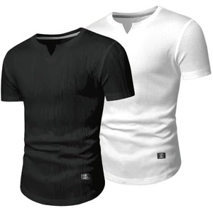 image:imageJMIERR Mens Muscle Fit V Neck T Shirt Short Sleeve Workout Tee  Slim Fit Textured Ribbed Fabric Longline Curved Hem Stretch Comfort Casual Summer Fitted Tops for Athletic GymPackblackWhite