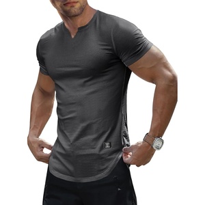 image:imageJMIERR Mens Muscle Fit V Neck T Shirt Short Sleeve Workout Tee  Slim Fit Textured Ribbed Fabric Longline Curved Hem Stretch Comfort Casual Summer Fitted Tops for Athletic GymA Grey1