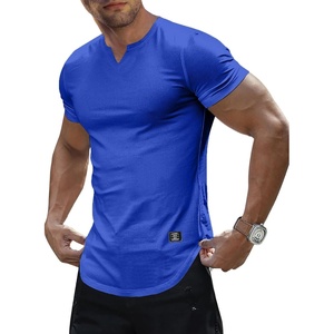 image:imageJMIERR Mens Muscle Fit V Neck T Shirt Short Sleeve Workout Tee  Slim Fit Textured Ribbed Fabric Longline Curved Hem Stretch Comfort Casual Summer Fitted Tops for Athletic GymB Dark Blue