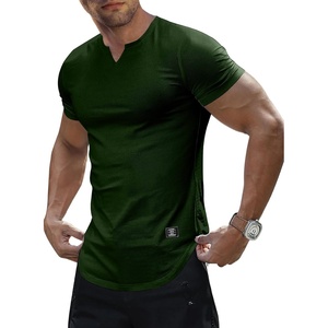 image:imageJMIERR Mens Muscle Fit V Neck T Shirt Short Sleeve Workout Tee  Slim Fit Textured Ribbed Fabric Longline Curved Hem Stretch Comfort Casual Summer Fitted Tops for Athletic GymArmy Green