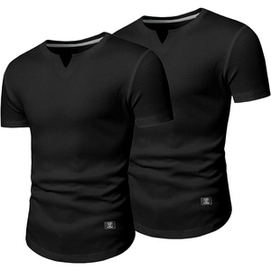 image:imageJMIERR Mens Muscle Fit V Neck T Shirt Short Sleeve Workout Tee  Slim Fit Textured Ribbed Fabric Longline Curved Hem Stretch Comfort Casual Summer Fitted Tops for Athletic GymPackblackBlack