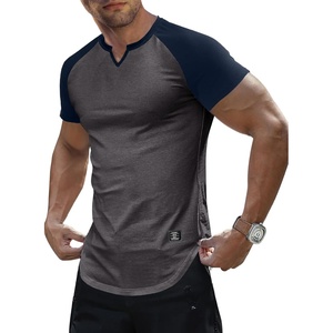 image:imageJMIERR Mens Muscle Fit V Neck T Shirt Short Sleeve Workout Tee  Slim Fit Textured Ribbed Fabric Longline Curved Hem Stretch Comfort Casual Summer Fitted Tops for Athletic GymC Grey  Blue