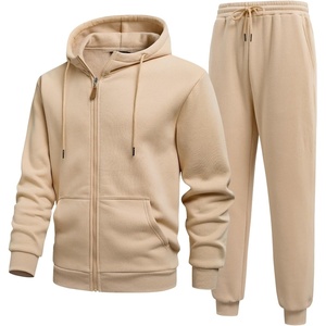 image:imageJMIERR Mens Hoodie Jogger Pants Set Fleece Lined Zip Up Two Piece Tracksuit  Fleecelined warmth fullzip hoodie jogger pants set kangaroo pocket leather zipper pull ribbed cuffs and hemLight French Beige