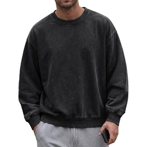 image:imageJMIERR Mens Acid Wash Cotton Vintage Relaxed Fit Crewneck Sweatshirt  Ribbed Collar Cuffs Long Sleeve Casual Pullover Drop Shoulder Y2K Streetwear Top Weekend Outings Fall Winter FashionBlack